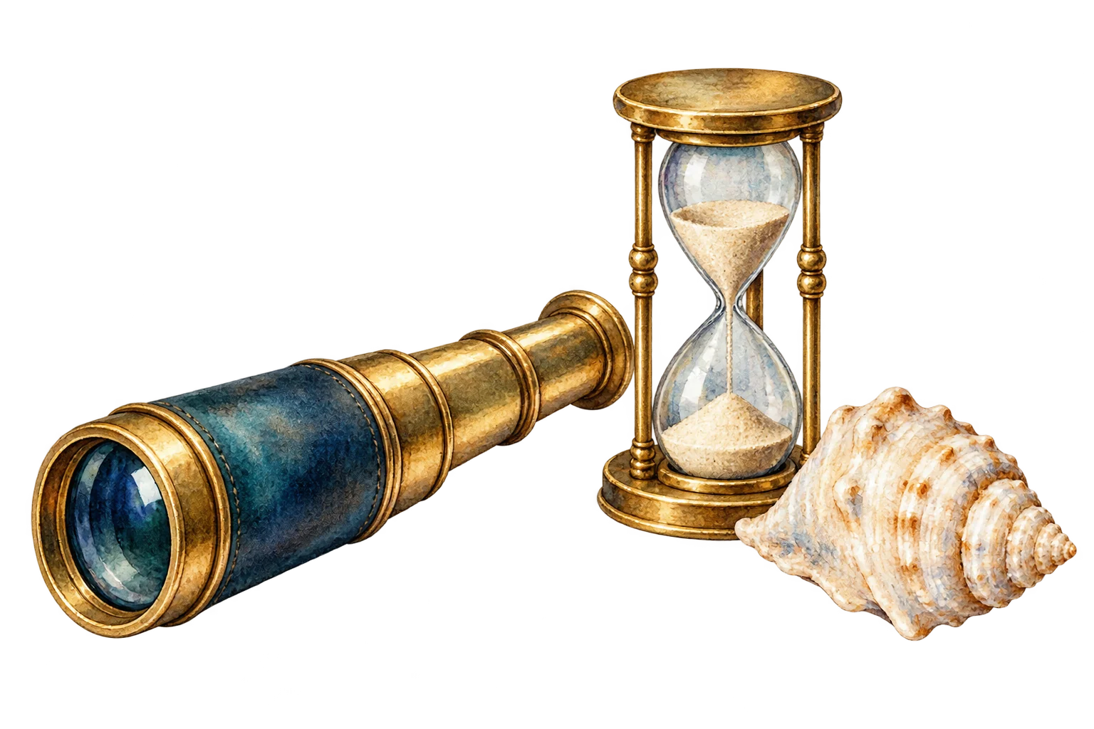 Watercolor brass captain’s spyglass, hourglass and seashell.