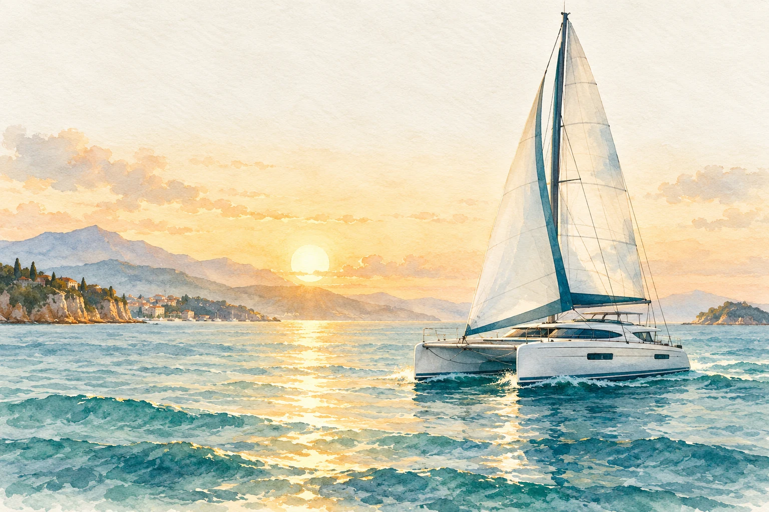 A sailing catamaran with two hulls crossing a calm teal ocean under a warm golden sun.